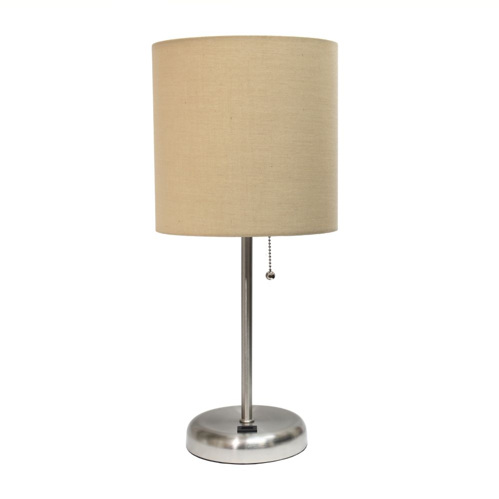 All The Rages CWT-2012-TN Creekwood Home Oslo 19.5" Contemporary Bedside USB Port Feature Standard Metal Table Desk Lamp in Brushed Steel with Tan Drum Fabric Shade 