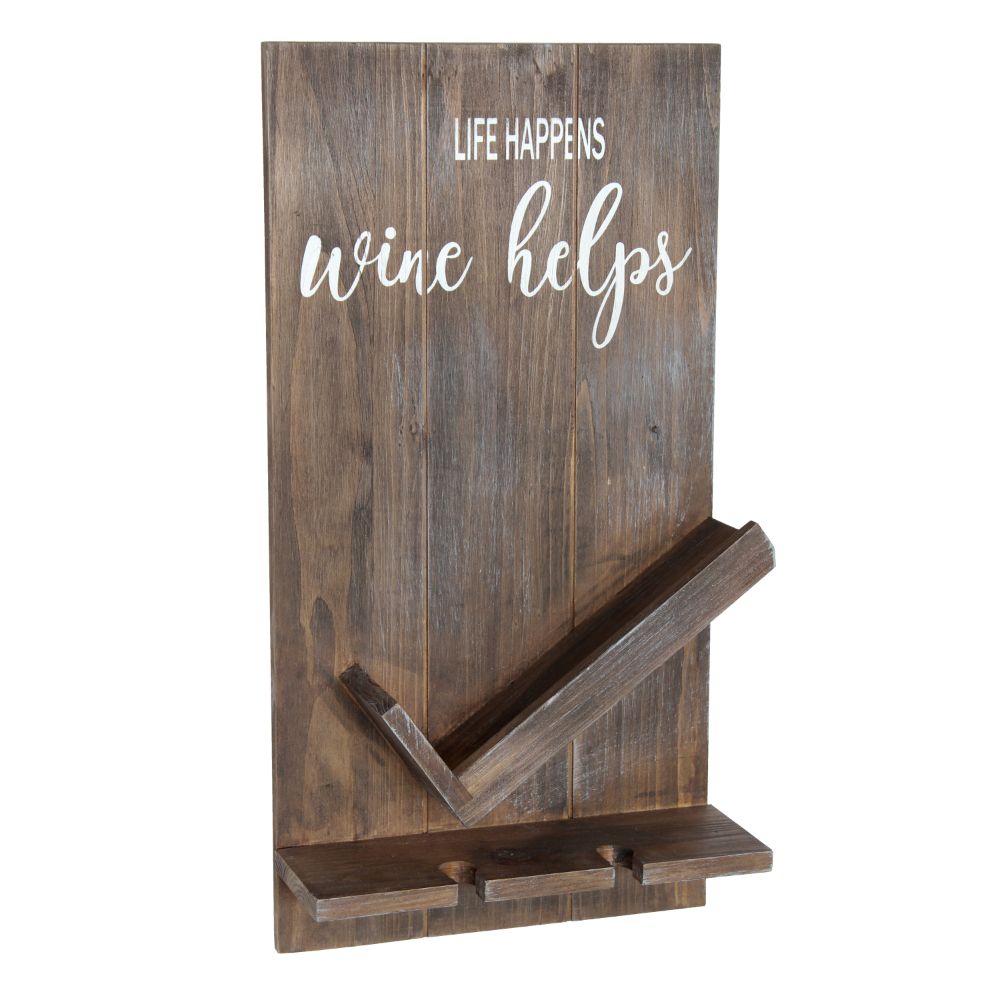 All The Rages HG1016-RWD Elegant Designs Lucca Wall Mounted Wooden "Life Happens Wine Helps" Wine Bottle Shelf with Glass Holder in Restored Wood