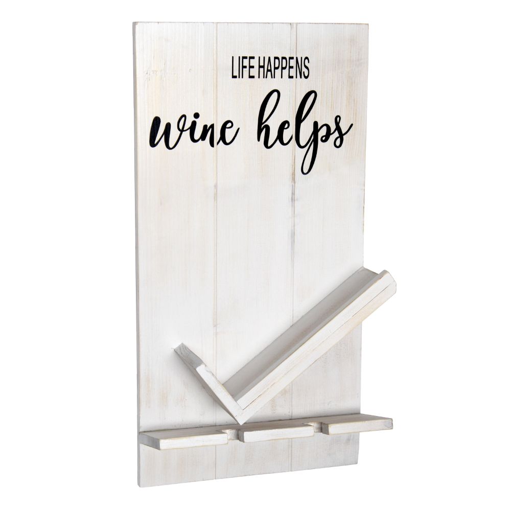 All The Rages HG1016-WWH Elegant Designs Lucca Wall Mounted Wooden "Life Happens Wine Helps" Wine Bottle Shelf with Glass Holder in White Wash
