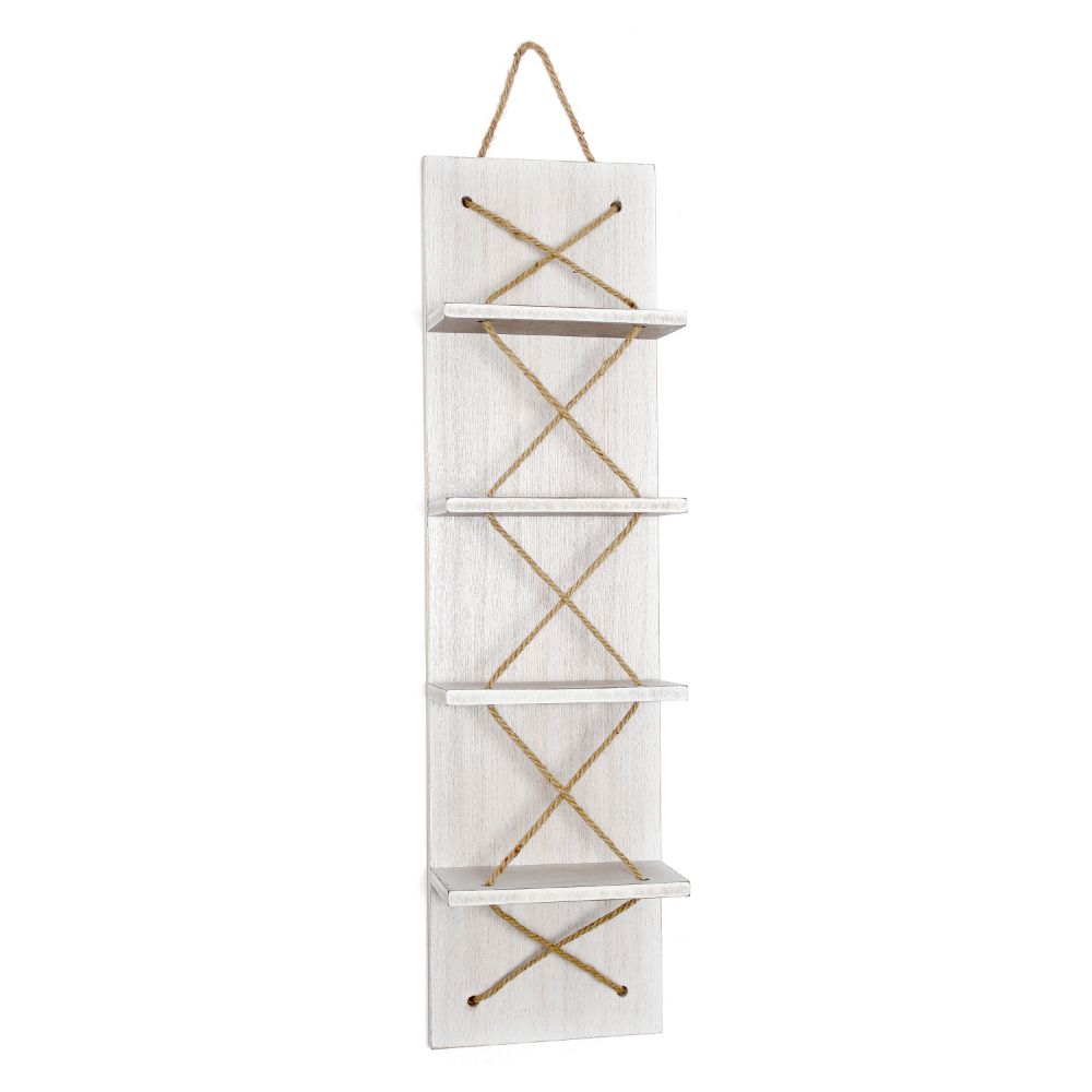 All The Rages HG1019-WWH Elegant Designs Positano Nautical Rope 4 Bottle Vertical Wall Mounted Wood Wine Rack in White Wash