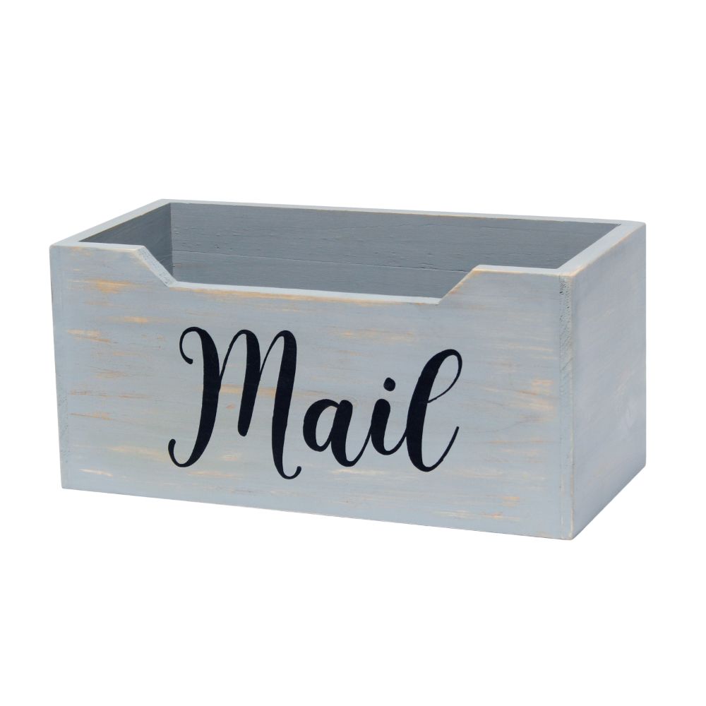 All The Rages HG2010-GMB Elegant Designs Rustic Farmhouse Wooden Tabletop Decorative Script Word "Mail" Organizer Box in Gray Wash