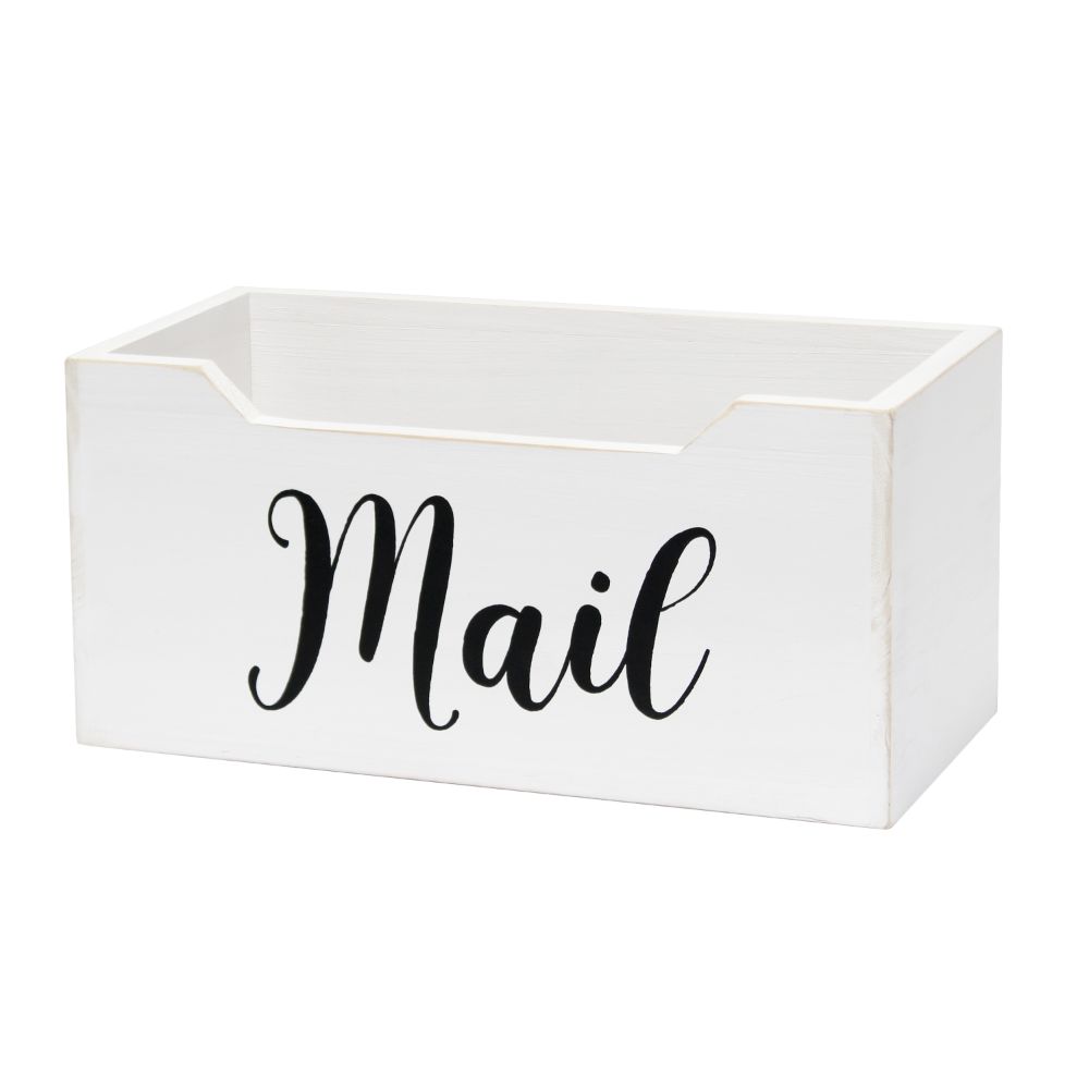 All The Rages HG2010-WMB Elegant Designs Rustic Farmhouse Wooden Tabletop Decorative Script Word "Mail" Organizer Box in White Wash