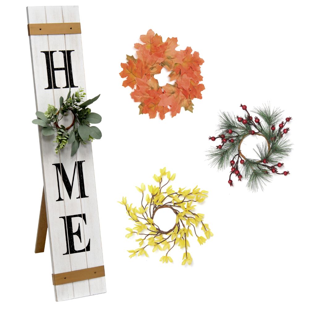 All The Rages HG2011-WBK Elegant Designs Seasonal Wooden "Home" Porch Sign with 4 Interchangeable Floral Wreaths in White Wash