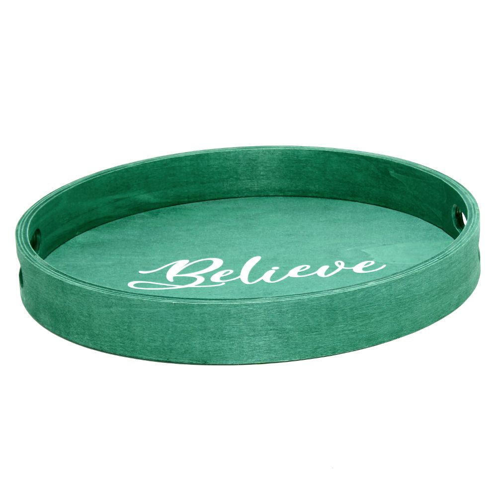 All the Rages HG2013-GBL Elegant Designs Decorative 13.75" Round Wood Serving Tray w/ Handles, "Believe"