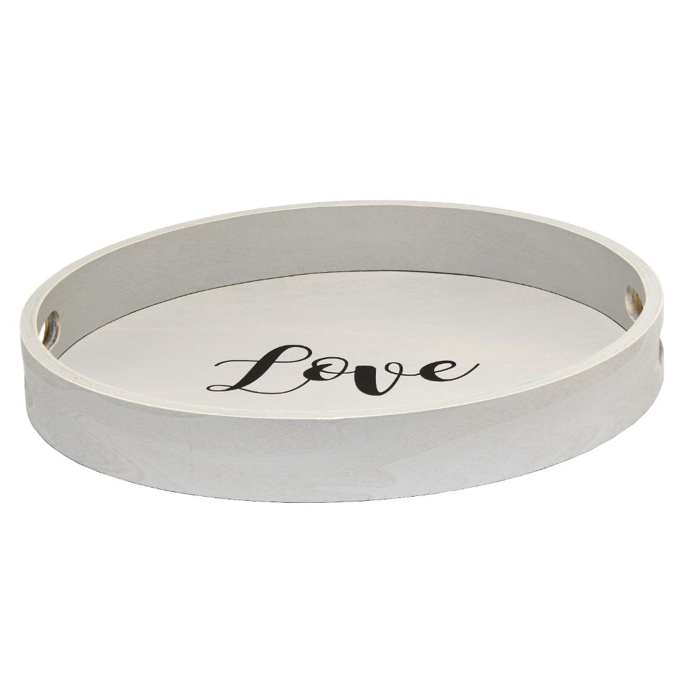 All the Rages HG2013-GYL Elegant Designs Decorative 13.75" Round Wood Serving Tray w/ Handles, "Love"