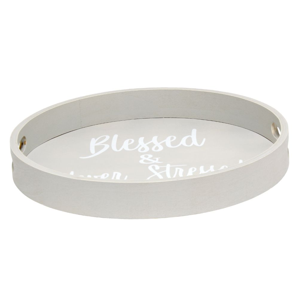 All the Rages HG2013-GYS Elegant Designs Decorative 13.75" Round Wood Serving Tray w/ Handles, "Blessed & Never Stressed"