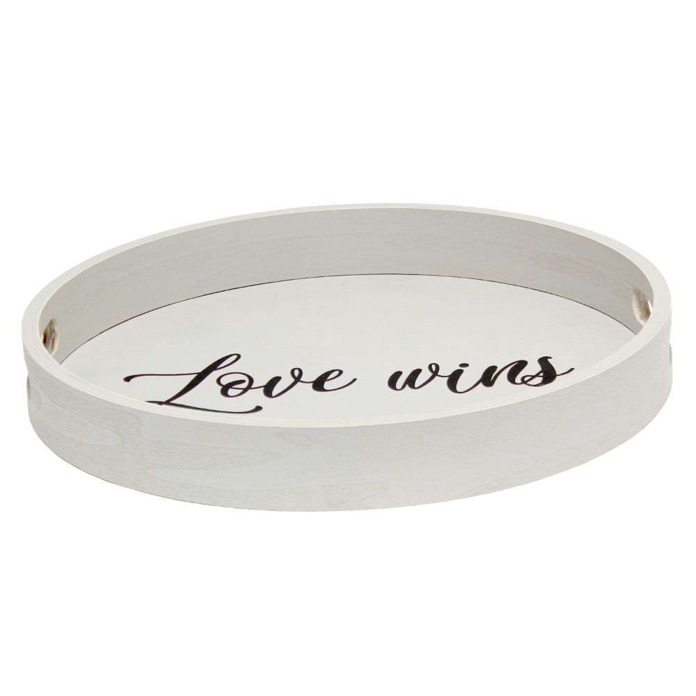 All the Rages HG2013-GYW Elegant Designs Decorative 13.75" Round Wood Serving Tray w/ Handles, "Love Wins"