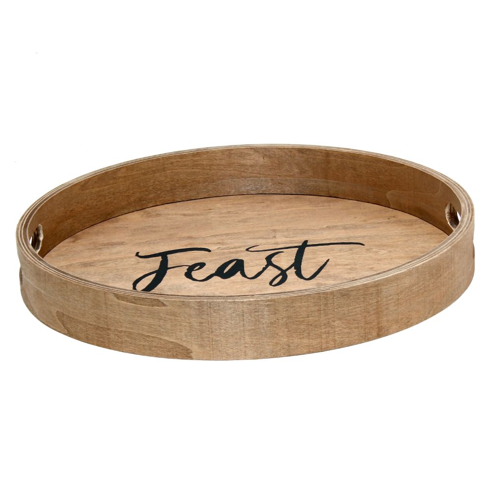 All the Rages HG2013-NFE Elegant Designs Decorative 13.75" Round Wood Serving Tray w/ Handles, "Feast"