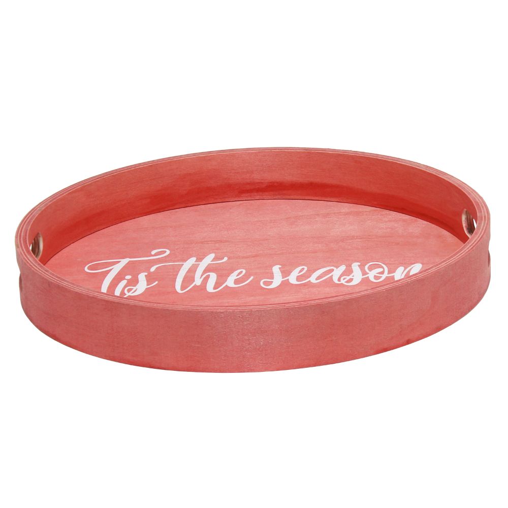 All the Rages HG2013-RTS Elegant Designs Decorative 13.75" Round Wood Serving Tray w/ Handles, "Tis the Season"