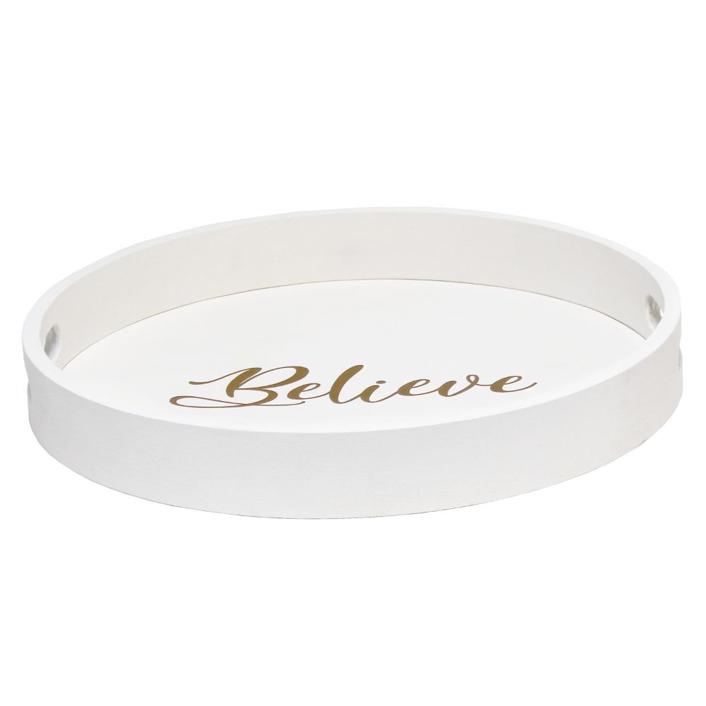 All the Rages HG2013-WBV Elegant Designs Decorative 13.75" Round Wood Serving Tray w/ Handles, "Believe"