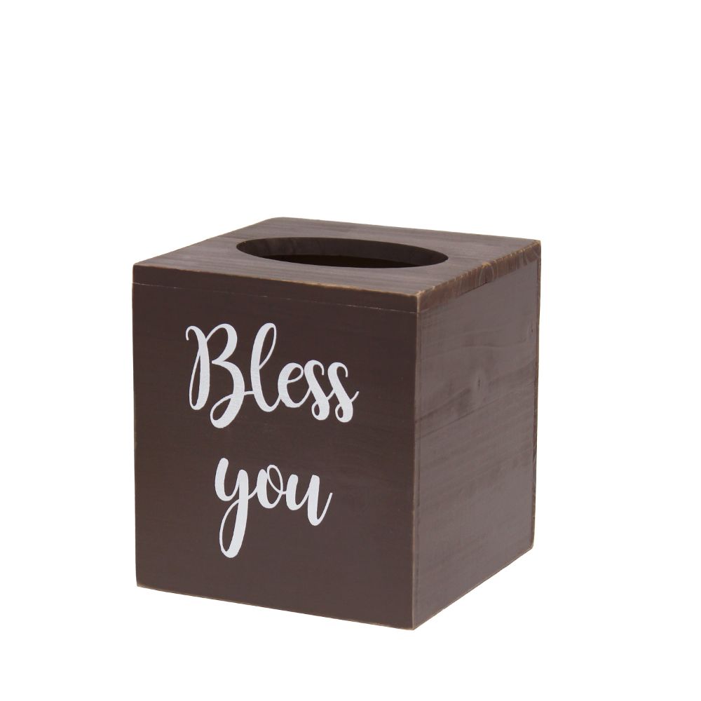 All The Rages HG2024-BRW Decorix Farmhouse Square Wooden Decorative Tissue Box Cover in Brown with White Script and Sliding Base for Vanity