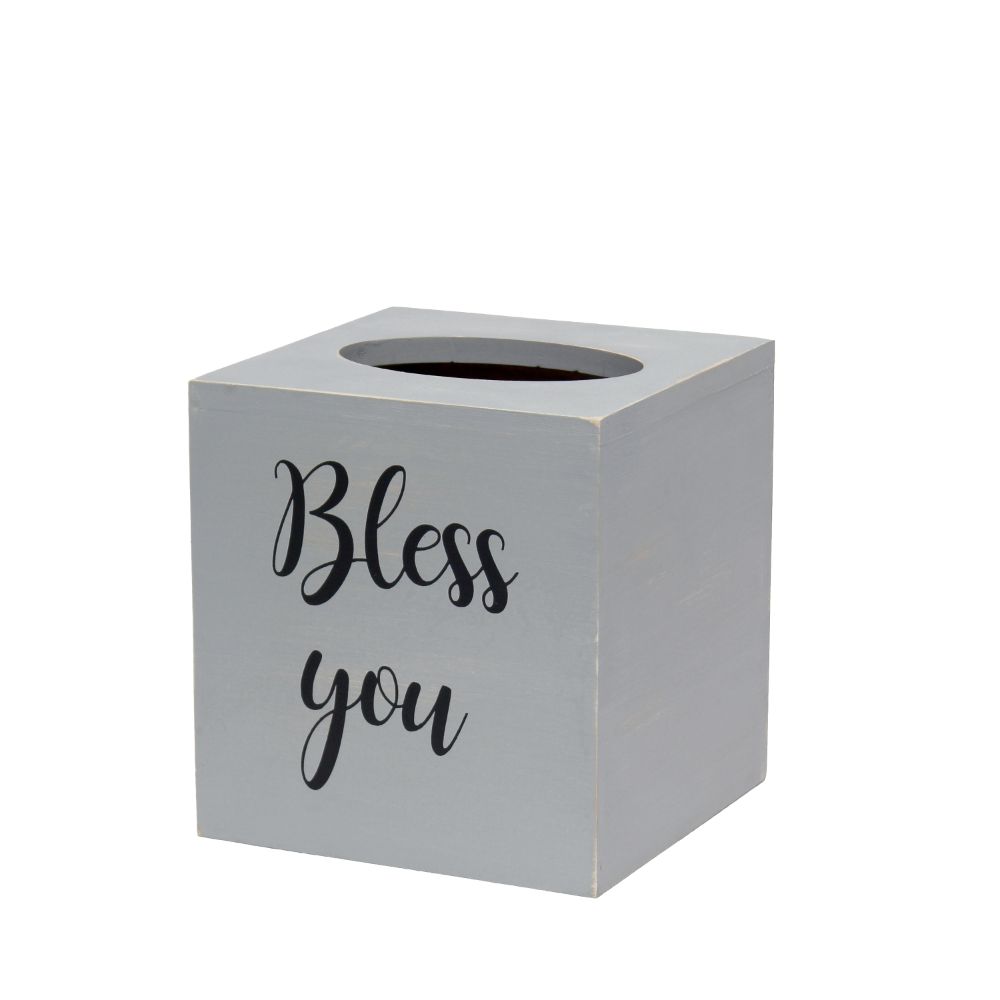 All The Rages HG2024-GRW Decorix Farmhouse Square Wooden Decorative Tissue Box Cover in Gray Wash with Black Script and Sliding Base for Vanity