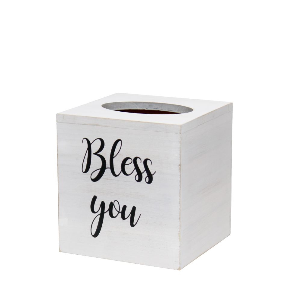 All The Rages HG2024-WWH Decorix Farmhouse Square Wooden Decorative Tissue Box Cover in White Wash with Black Script and Sliding Base for Vanity