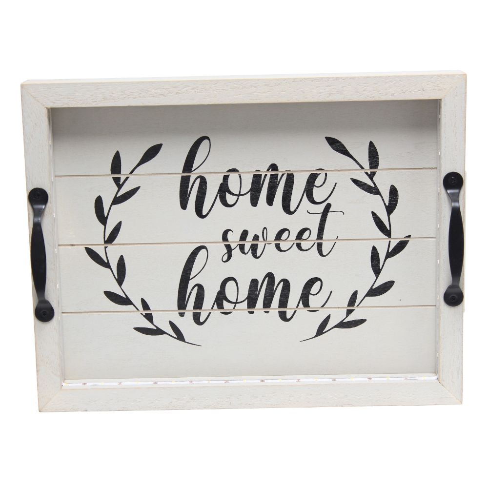 All The Rages HG2032-GHH Salento Farmhouse Rectangular Decorative LED Light Up Wooden Serving Tray in Gray Wash with Black Metal Handles and Black Script