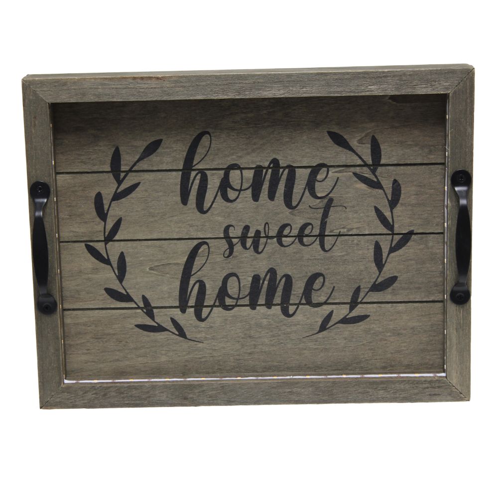 All The Rages HG2032-RGS Salento Farmhouse Rectangular Decorative LED Light Up Wooden Serving Tray in Rustic Gray with Black Metal Handles Black Script