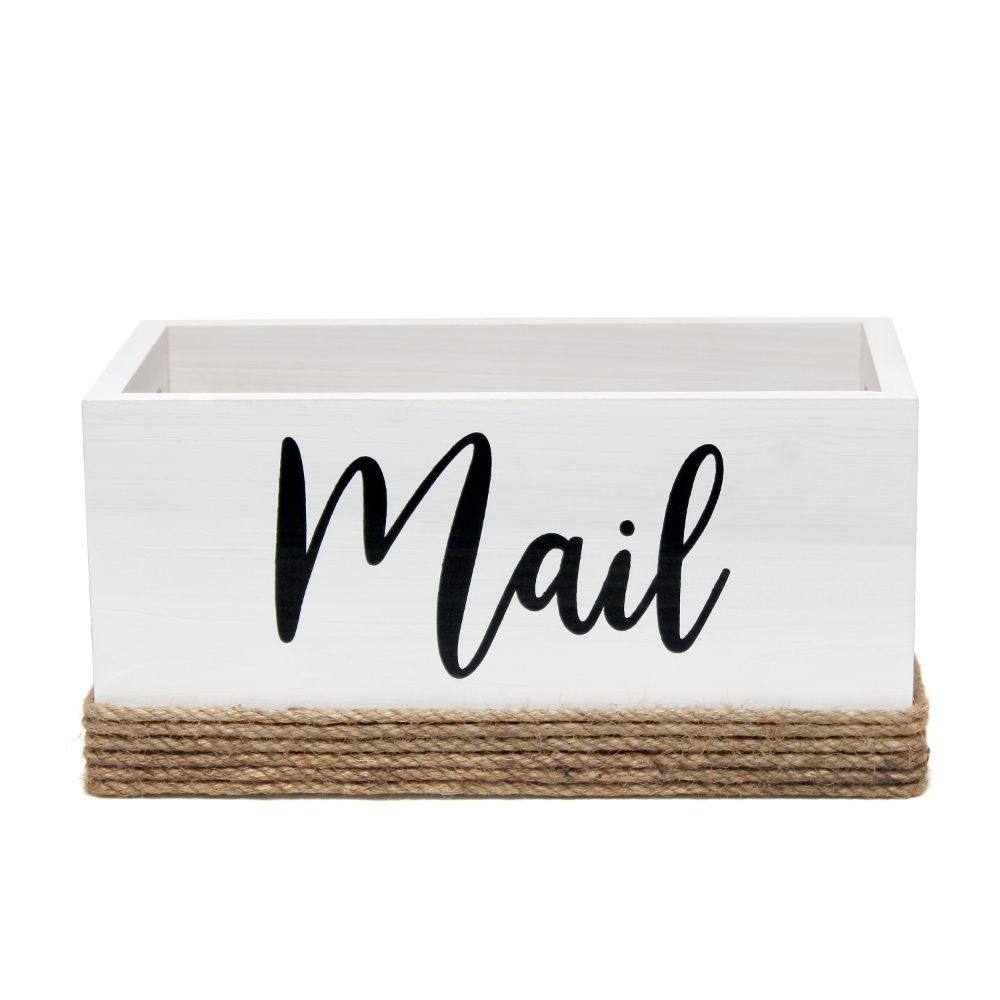 All The Rages HG2036-WHT Homewood Farmhouse Rustic Wood Decorative Mail Holder, Bills and Letter Storage Sorter in White With Cutout Handles and Black Script