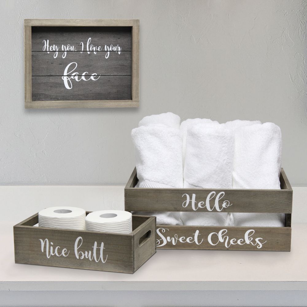All the Rages HG3000-RGC Elegant Designs Three Piece Decorative Wood Bathroom Set, Large, Cheeky  (1 Towel Holder, 1 Frame, 1 Toilet Paper Holder) in Rustic Gray