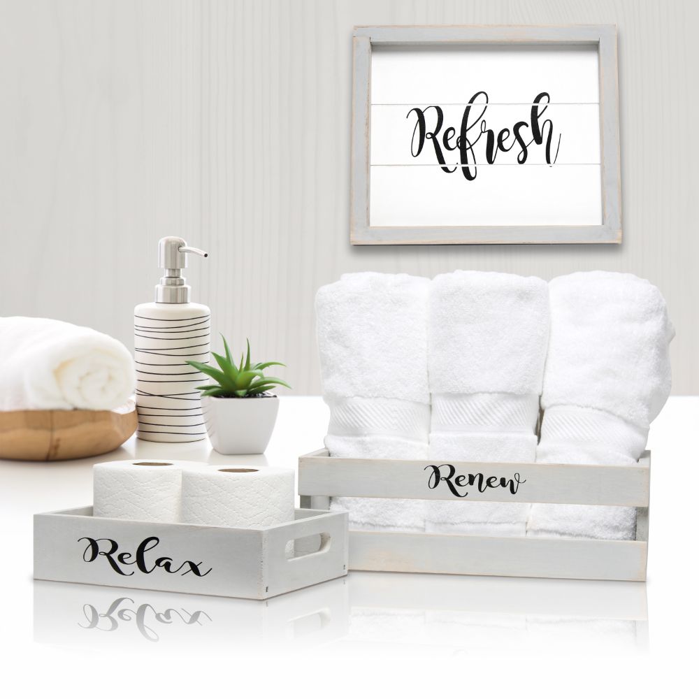 All the Rages HG3100-GIN Elegant Designs Three Piece Decorative Wood Bathroom Set, Small, Inspirational  (1 Towel Holder, 1 Frame, 1 Toilet Paper Holder) in Gray Wash