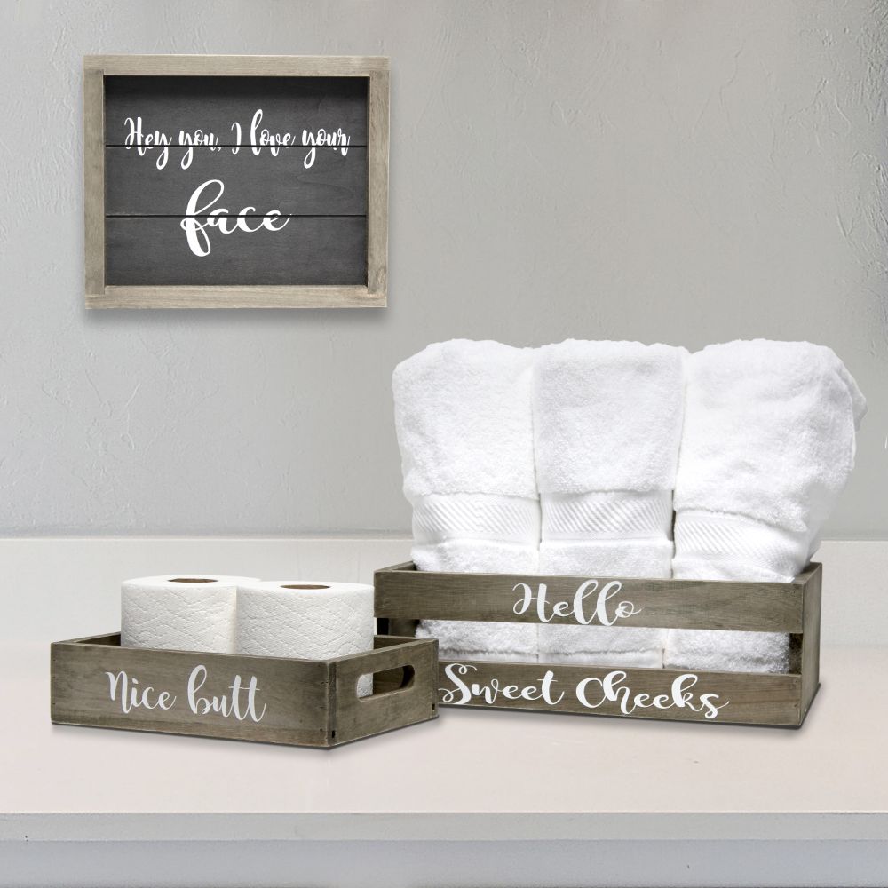 All the Rages HG3100-RGC Elegant Designs Three Piece Decorative Wood Bathroom Set, Small, Cheeky  (1 Towel Holder, 1 Frame, 1 Toilet Paper Holder) in Rustic Gray