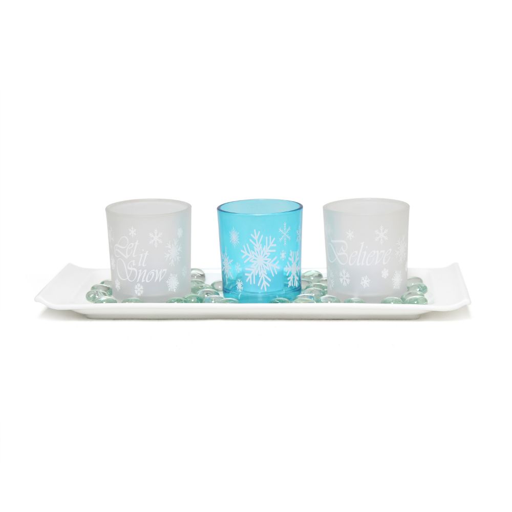 All The Rages HG5000-FBL Elegant Designs Winter Wonderland Candle Set of 3, Blue Frost
