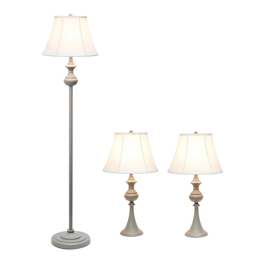 All The Rage LC1019-GRY Elegant Designs Traditionally Crafted 3 Pack Lamp Set (2 Table Lamps, 1 Floor Lamp) with White Shades, Gray