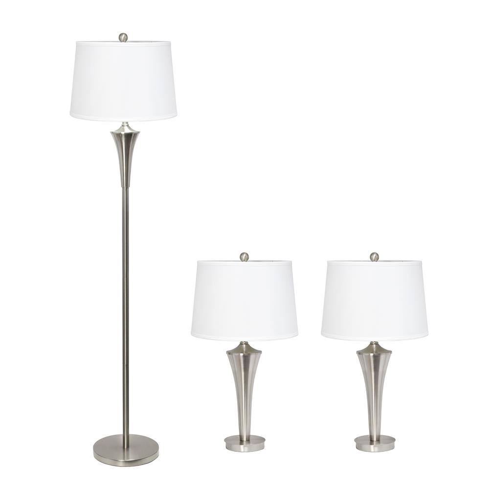 All The Rage LC1020-BSN Elegant Designs Tapered 3 Pack Lamp Set (2 Table Lamps, 1 Floor Lamp) with White Shades, Brushed Nickel