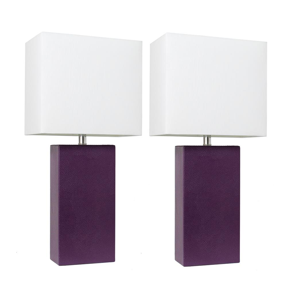 All The Rages LC2000-EGP-2PK Elegant Designs 2 Pack Modern Leather Table Lamps with White Fabric Shades in Eggplant/White Shade