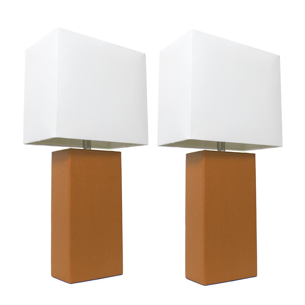 All the Rages LC2000-TAN-2PK Elegant Designs 2 Pack Modern Leather Table Lamps with White Fabric Shades, Tan