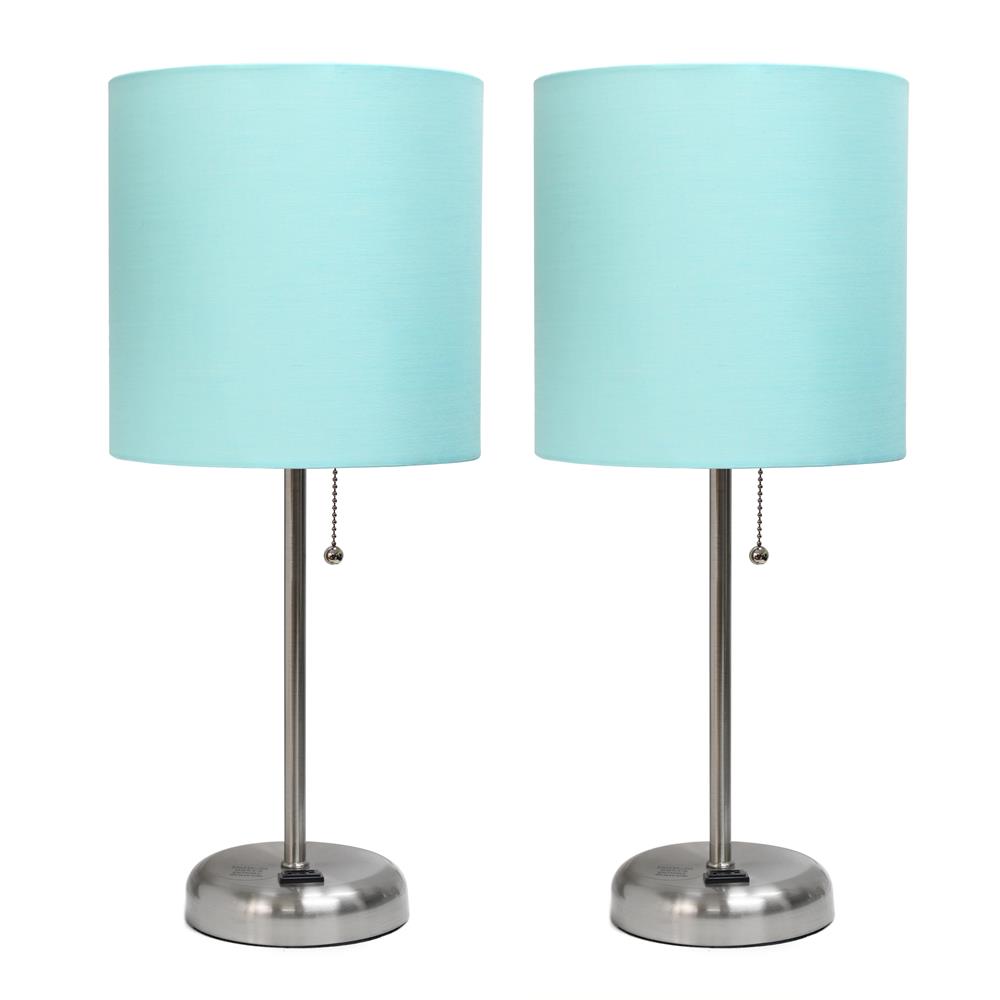 All The Rages LC2001-AQU-2PK LimeLights Brushed Steel Stick Lamp with Charging Outlet and Fabric Shade 2 Pack Set, Aqua