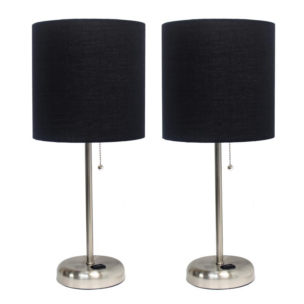 All The Rages LC2001-BLK-2PK LimeLights Brushed Steel Stick Lamp with Charging Outlet and Fabric Shade 2 Pack Set, Black