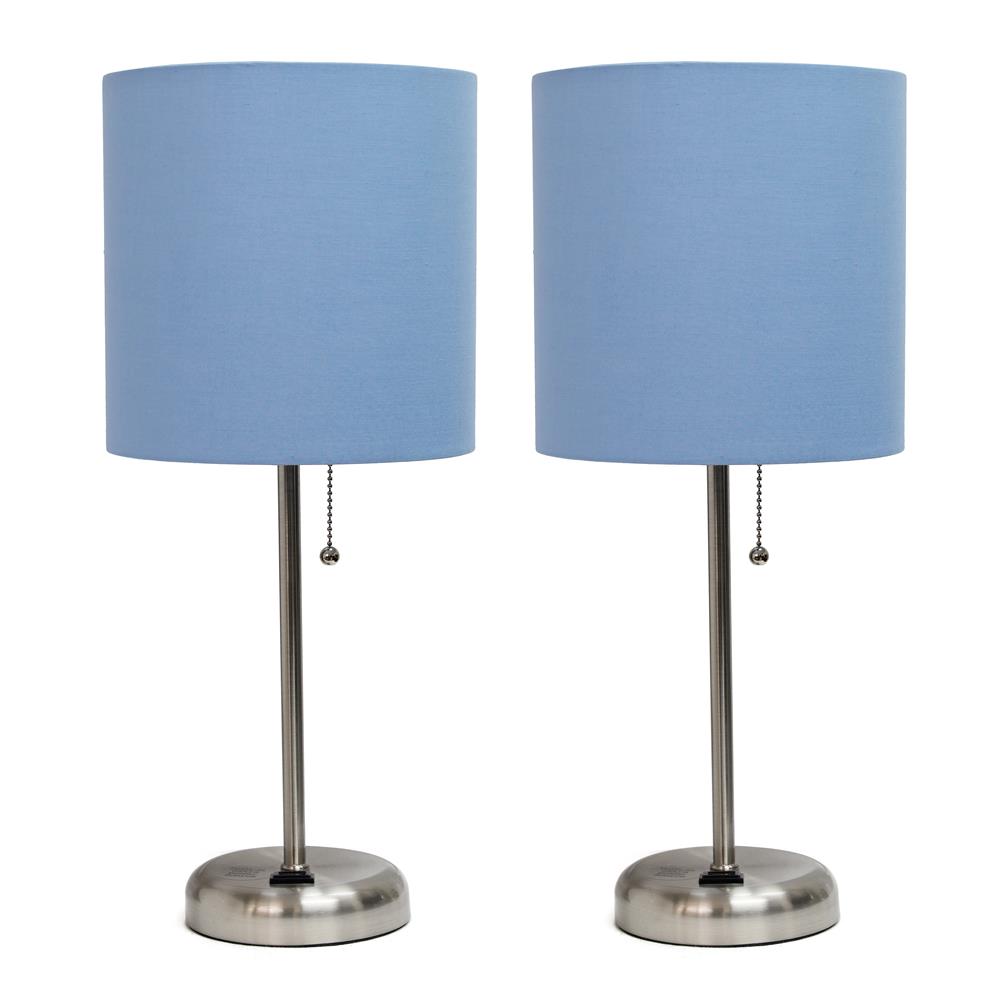 All The Rages LC2001-BLU-2PK LimeLights Brushed Steel Stick Lamp with Charging Outlet and Fabric Shade 2 Pack Set, Blue