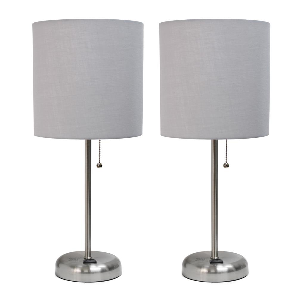 All The Rages LC2001-GRY-2PK LimeLights Brushed Steel Stick Lamp with Charging Outlet and Fabric Shade 2 Pack Set, Gray
