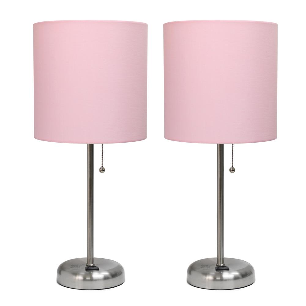 All The Rages LC2001-LPK-2PK LimeLights Brushed Steel Stick Lamp with Charging Outlet and Fabric Shade 2 Pack Set, Light Pink