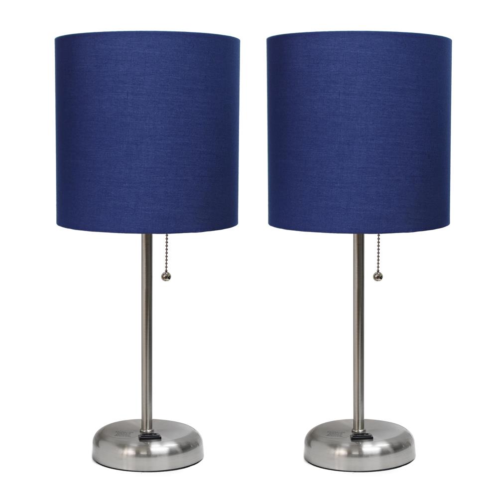 All The Rages LC2001-NAV-2PK LimeLights Brushed Steel Stick Lamp with Charging Outlet and Fabric Shade 2 Pack Set, Navy
