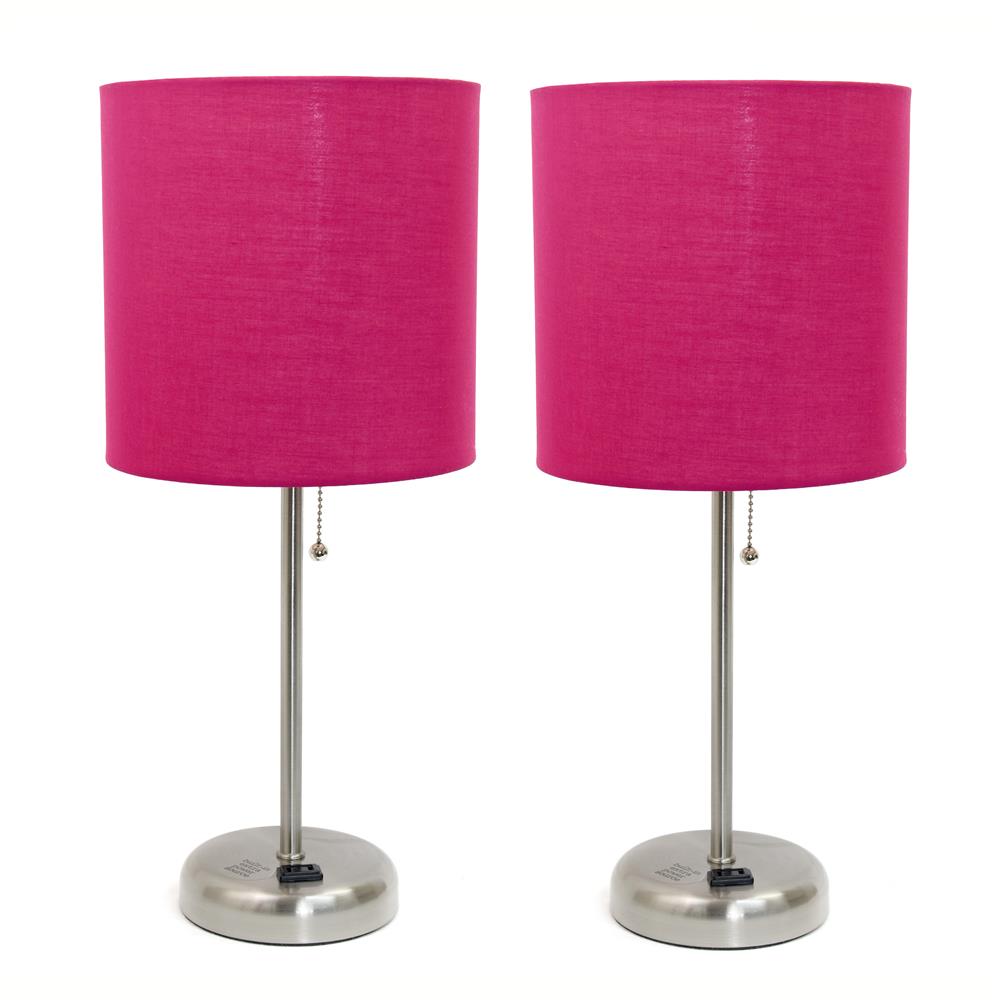 All The Rages LC2001-PNK-2PK LimeLights Brushed Steel Stick Lamp with Charging Outlet and Fabric Shade 2 Pack Set, Pink