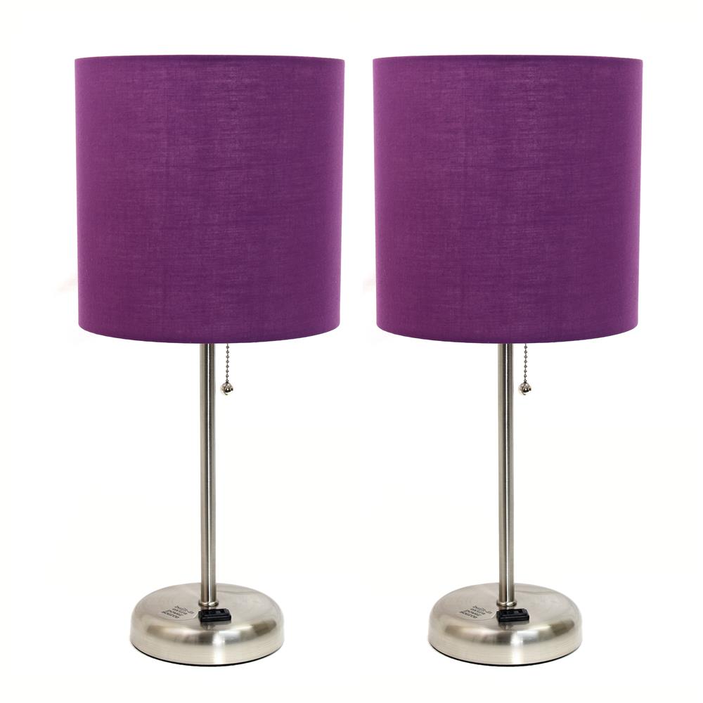 All The Rages LC2001-PRP-2PK LimeLights Brushed Steel Stick Lamp with Charging Outlet and Fabric Shade 2 Pack Set, Purple