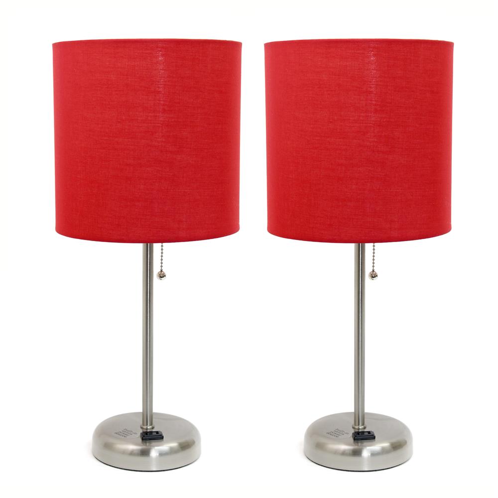 All The Rages LC2001-RED-2PK LimeLights Brushed Steel Stick Lamp with Charging Outlet and Fabric Shade 2 Pack Set, Red