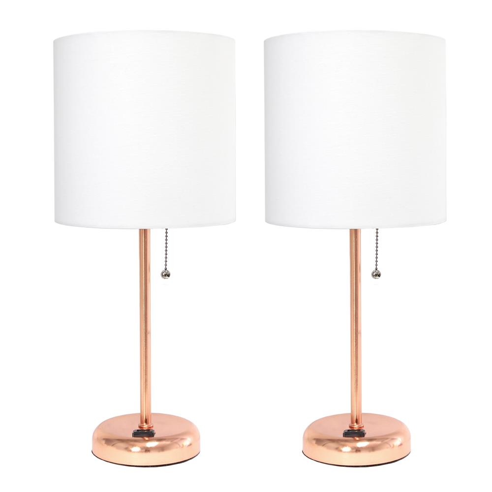 All The Rages LC2001-RGD-2PK LimeLights Rose Gold Stick Lamp with Charging Outlet and Fabric Shade 2 Pack Set, White