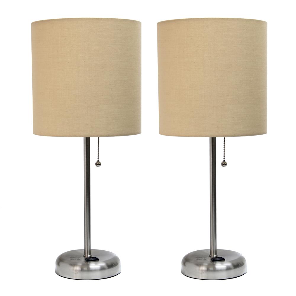 All The Rages LC2001-TAN-2PK LimeLights Brushed Steel Stick Lamp with Charging Outlet and Fabric Shade 2 Pack Set, Tan