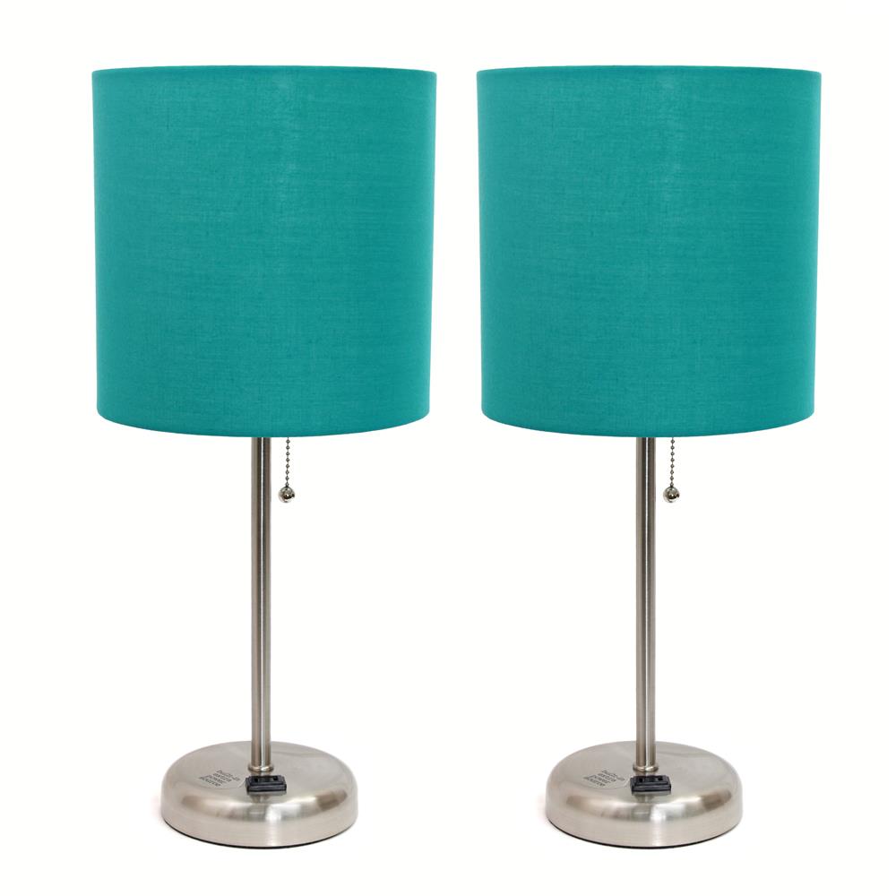 All The Rages LC2001-TEL-2PK LimeLights Brushed Steel Stick Lamp with Charging Outlet and Fabric Shade 2 Pack Set, Teal