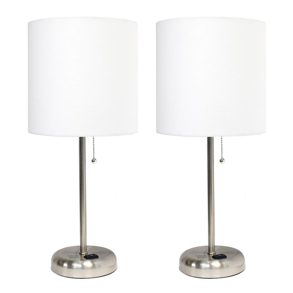 All The Rages LC2001-WHT-2PK LimeLights Brushed Steel Stick Lamp with Charging Outlet and Fabric Shade 2 Pack Set, White