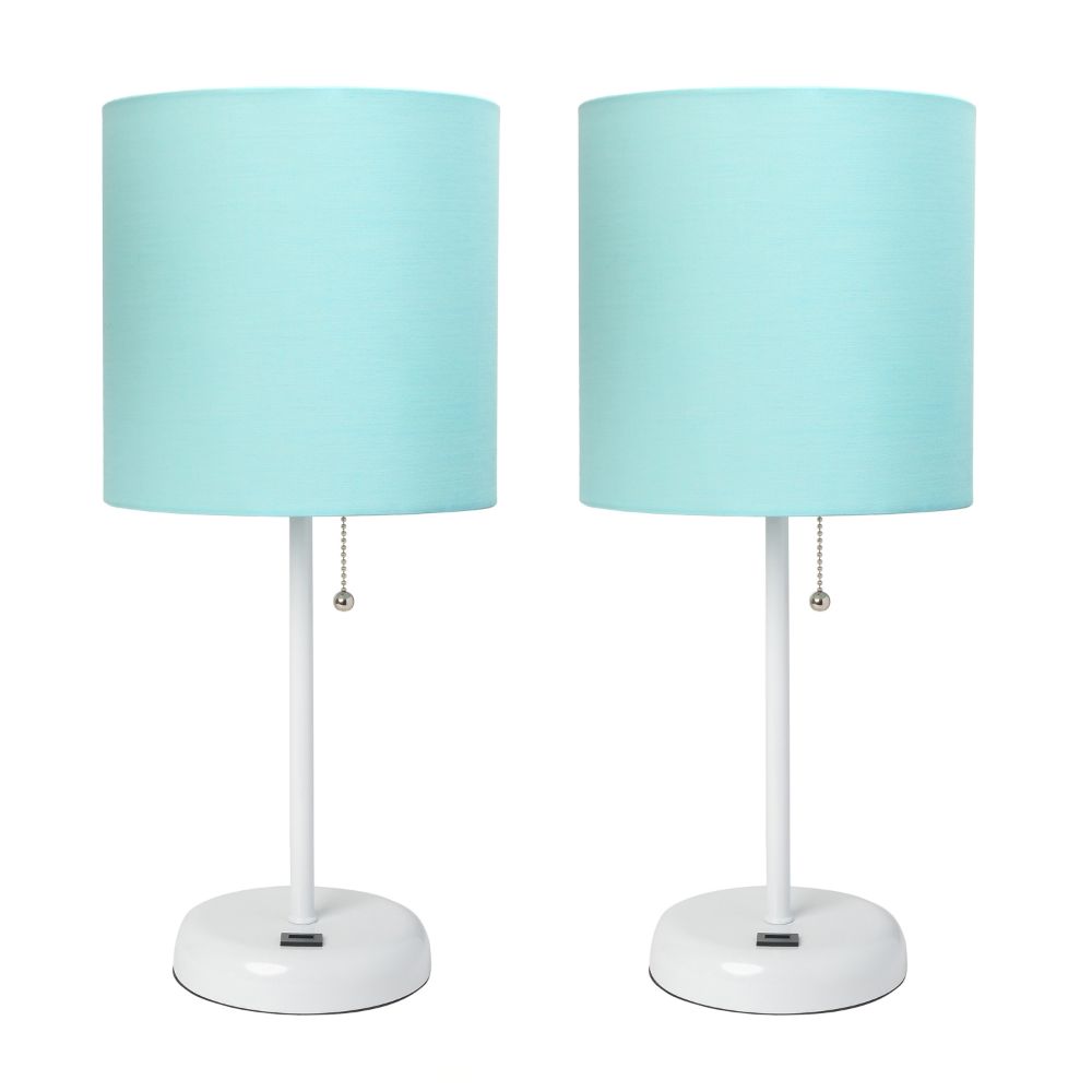 All the Rages LC2002-AOW-2PK LimeLights White Stick Lamp with USB charging port and Fabric Shade 2 Pack Set, Aqua