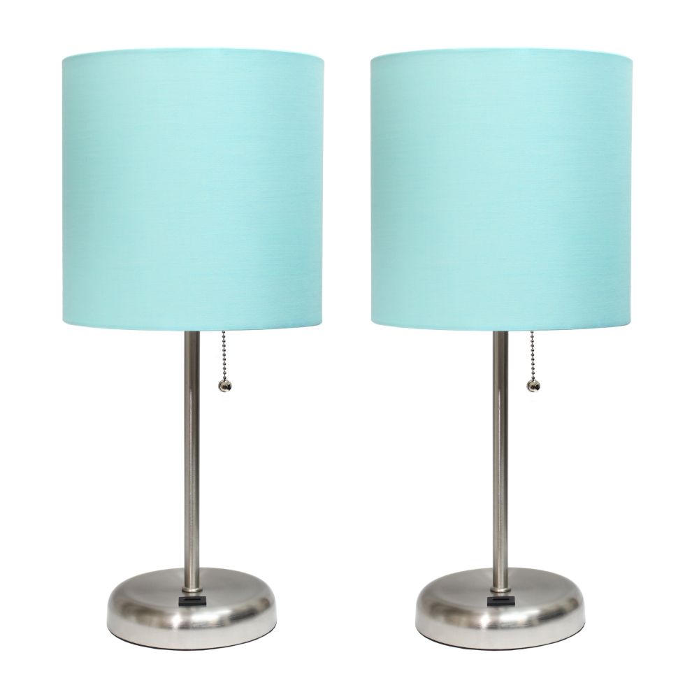 All the Rages LC2002-AQU-2PK LimeLights Brushed Steel Stick Lamp with USB charging port and Fabric Shade 2 Pack Set, Aqua