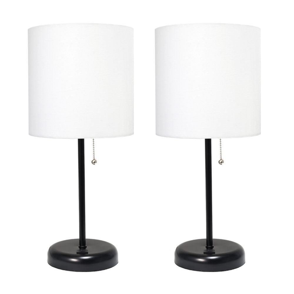All the Rages LC2002-BAW-2PK LimeLights Black Stick Lamp with USB charging port and Fabric Shade 2 Pack Set, White