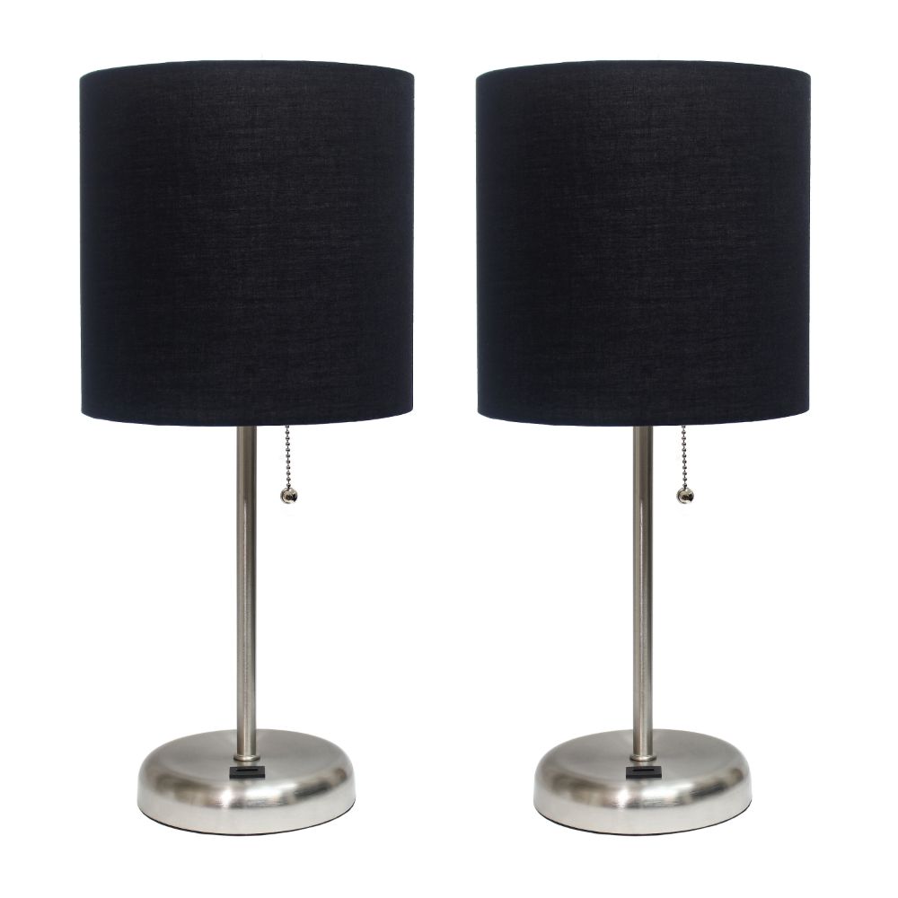 All the Rages LC2002-BLK-2PK LimeLights Brushed Steel Stick Lamp with USB charging port and Fabric Shade 2 Pack Set, Black 