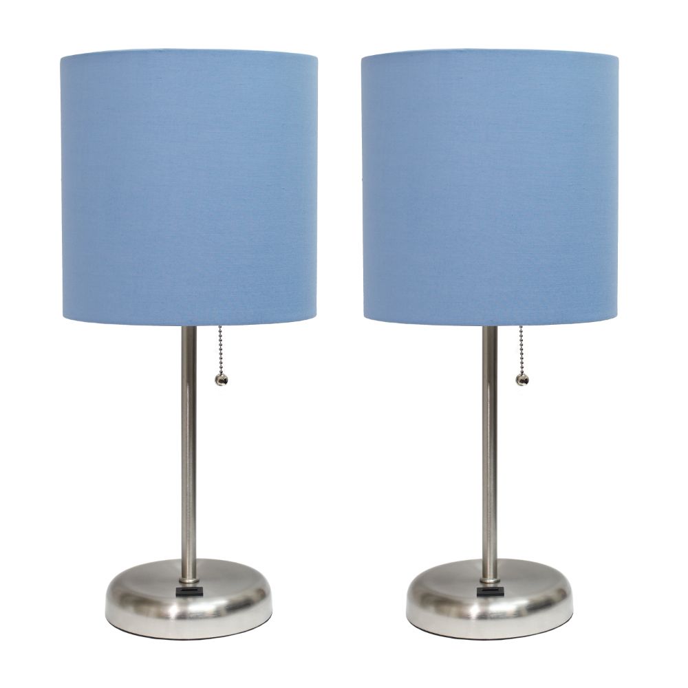 All the Rages LC2002-BLU-2PK LimeLights Brushed Steel Stick Lamp with USB charging port and Fabric Shade 2 Pack Set, Blue 