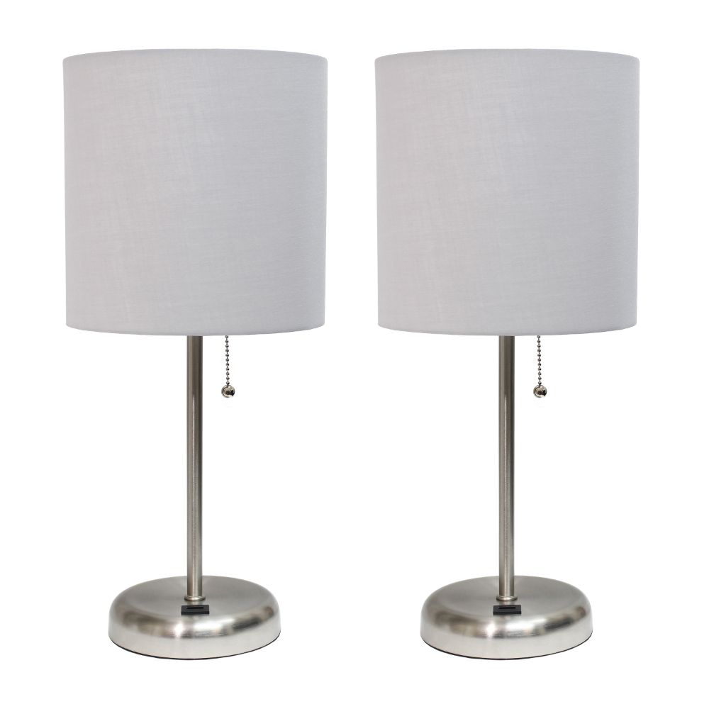 All the Rages LC2002-GRY-2PK LimeLights Brushed Steel Stick Lamp with USB charging port and Fabric Shade 2 Pack Set, Gray