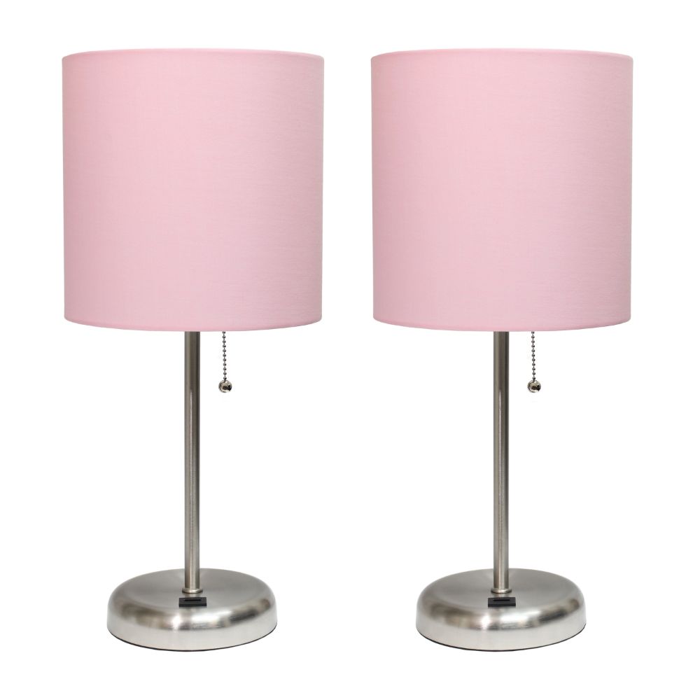 All the Rages LC2002-LPK-2PK LimeLights Brushed Steel Stick Lamp with USB charging port and Fabric Shade 2 Pack Set, Light Pink