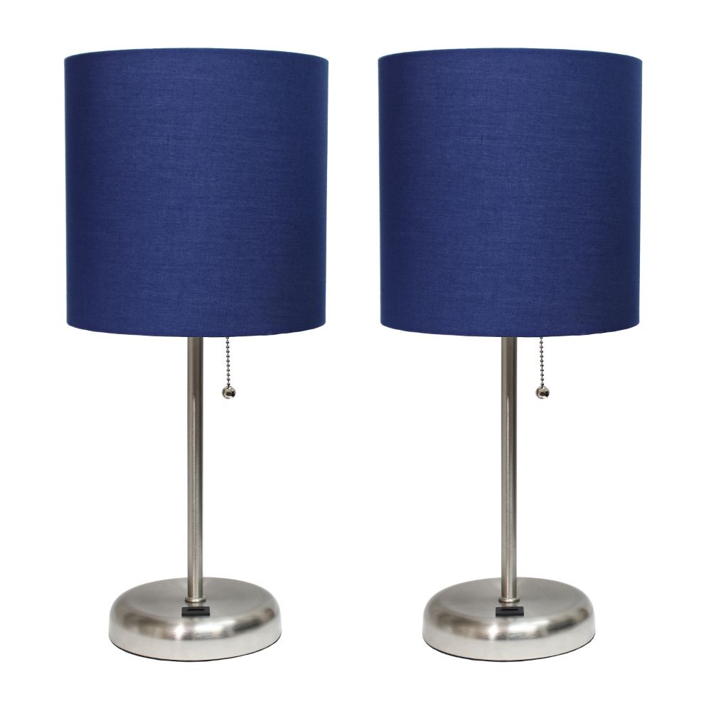 All the Rages LC2002-NAV-2PK LimeLights Brushed Steel Stick Lamp with USB charging port and Fabric Shade 2 Pack Set, Navy 