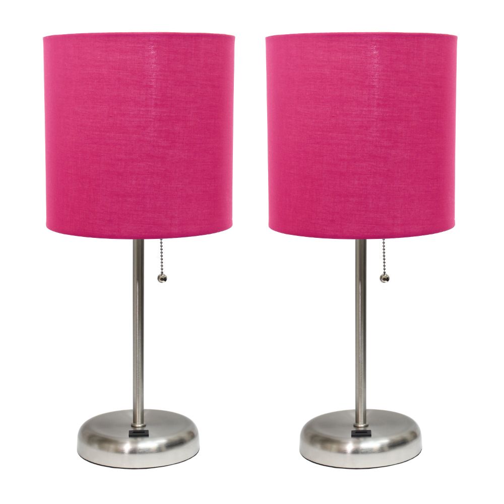 All the Rages LC2002-PNK-2PK LimeLights Brushed Steel Stick Lamp with USB charging port and Fabric Shade 2 Pack Set, Pink
